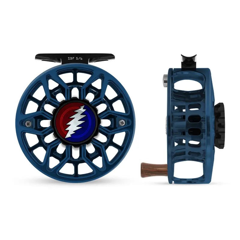 Abel Sdf Fly Reel – 5/6 Weight, Deep Blue Frame With Grateful Dead Bolt Drag And Rosewood Handle 1