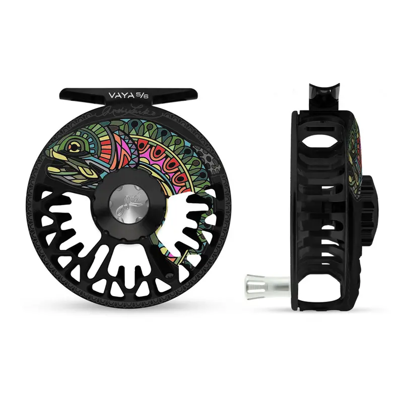 Abel Vaya 5/6 Fly Reel – Larko Rainbow Trout Finish, Black Drag Knob & Platinum Handle 1