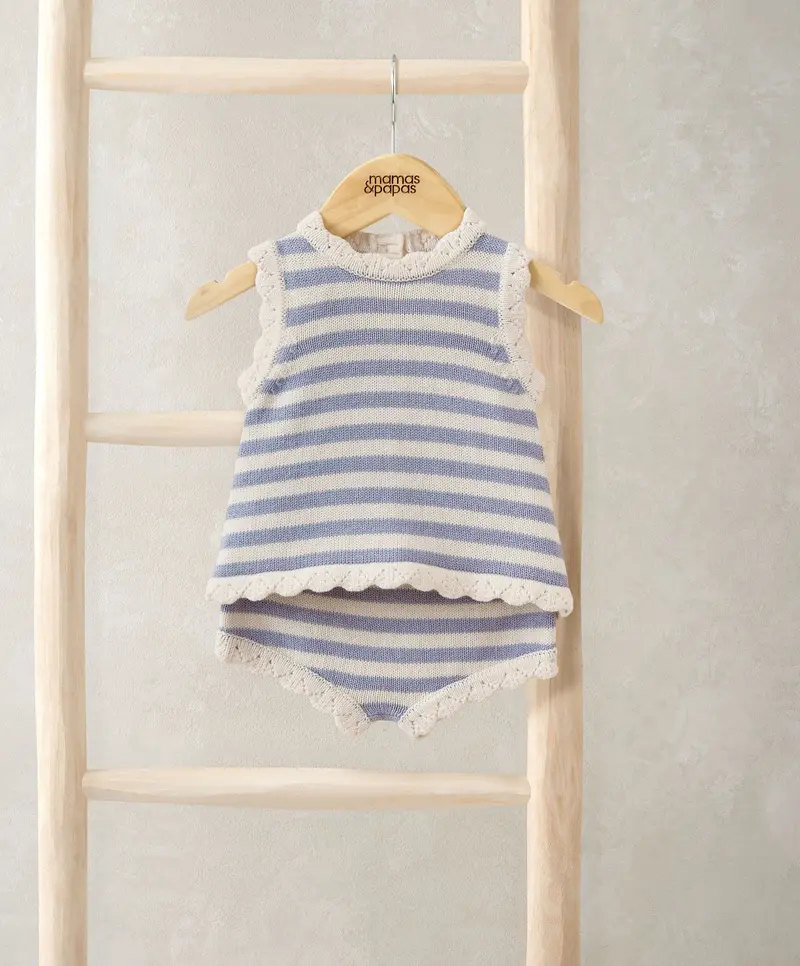 Blue Striped Knitted Top And Shorts Ensemble 1