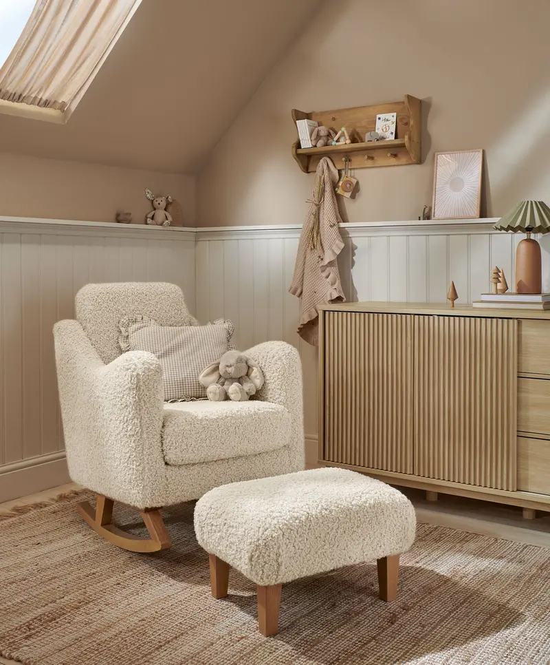 Bowdon Nursing Chair And Matching Footstool In Snow Teddy Fabric 1