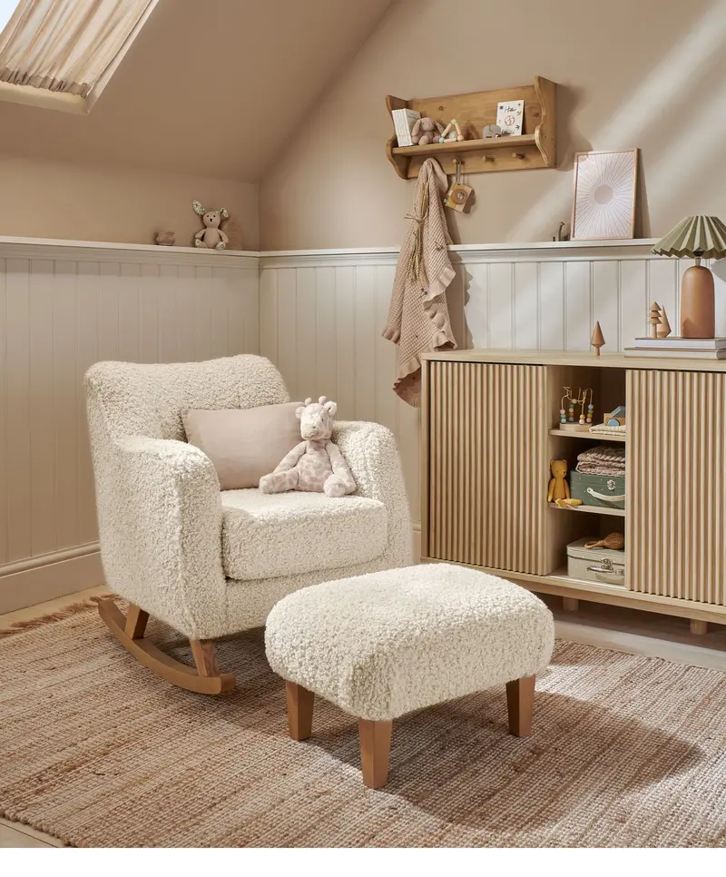 Hilson Nursing Chair And Matching Footstool In Snow Teddy Fabric 1