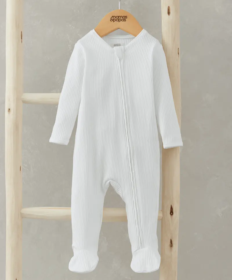 Organic Cotton Ribbed Sleepsuit – Crisp White 1