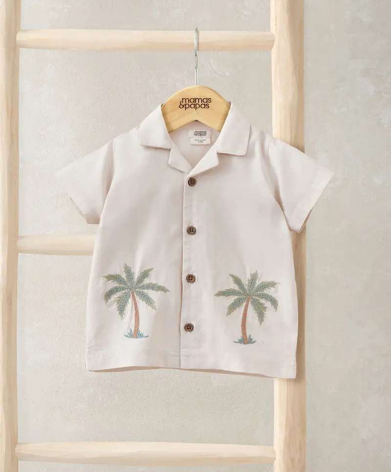 Palm Tree Motif Linen Short-Sleeve Shirt 1
