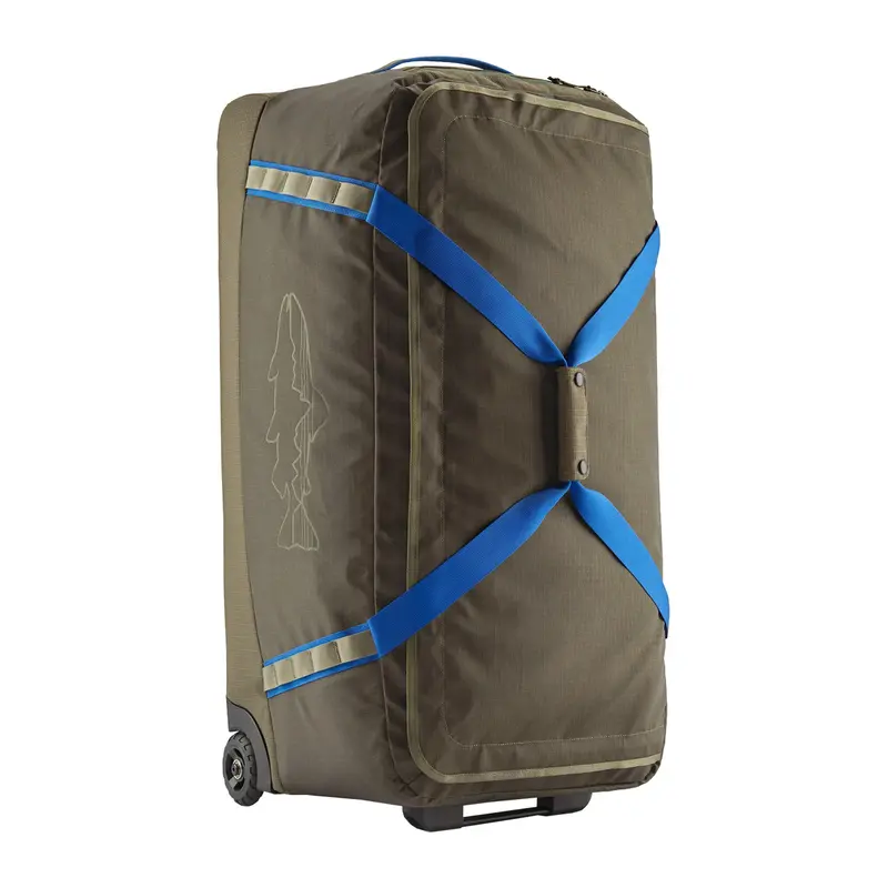 Patagonia Black Hole 100L Wheeled Duffel In Basin Green With Fitz Trout Print 1