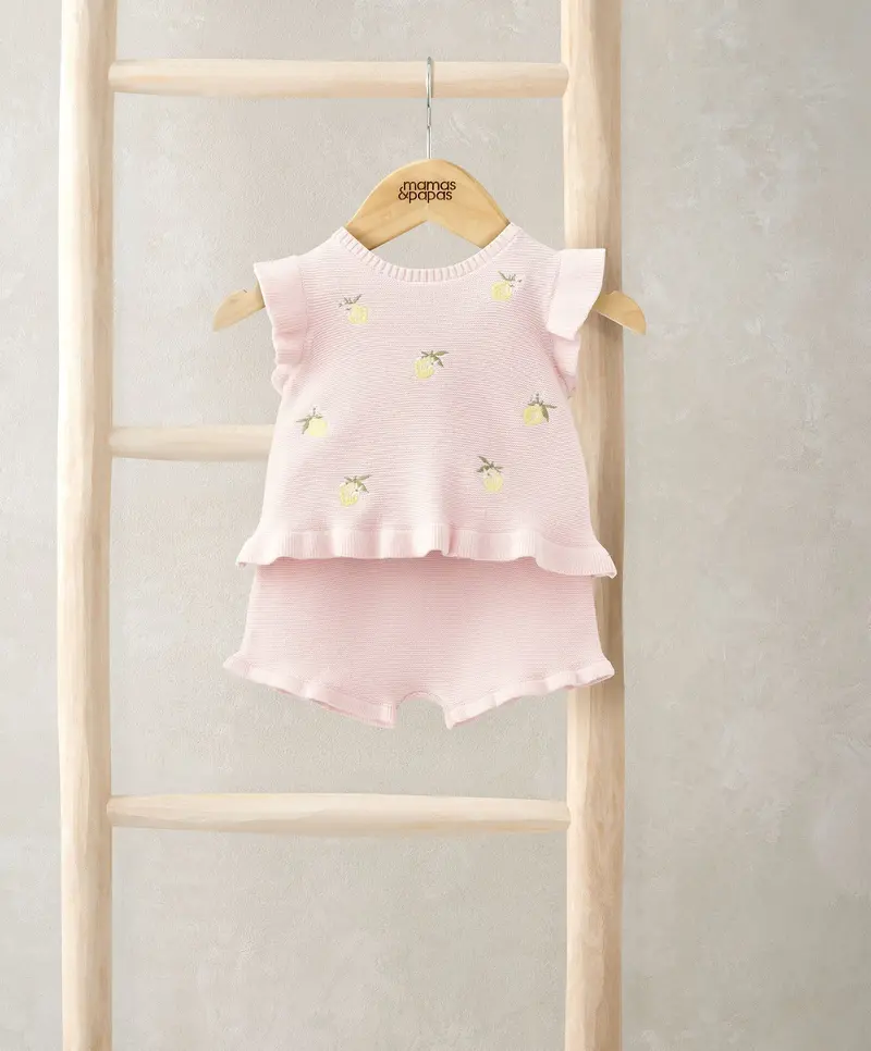 Pink Embroidered Knit Top And Shorts Set (2-Piece) 1