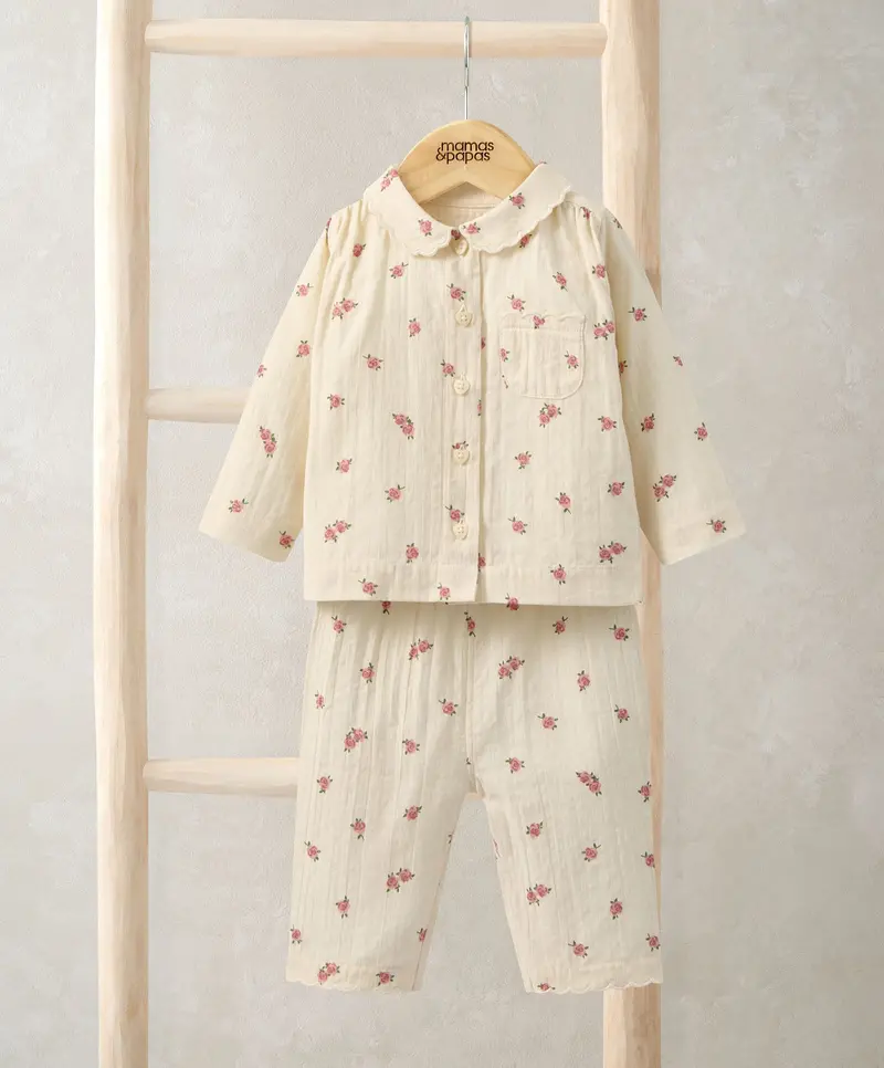 Rose-Embroidered Woven Pyjamas 1
