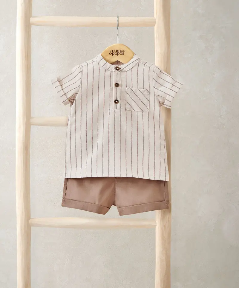 Rust-Tone Short-Sleeve Shirt And Shorts Matching Outfit 1
